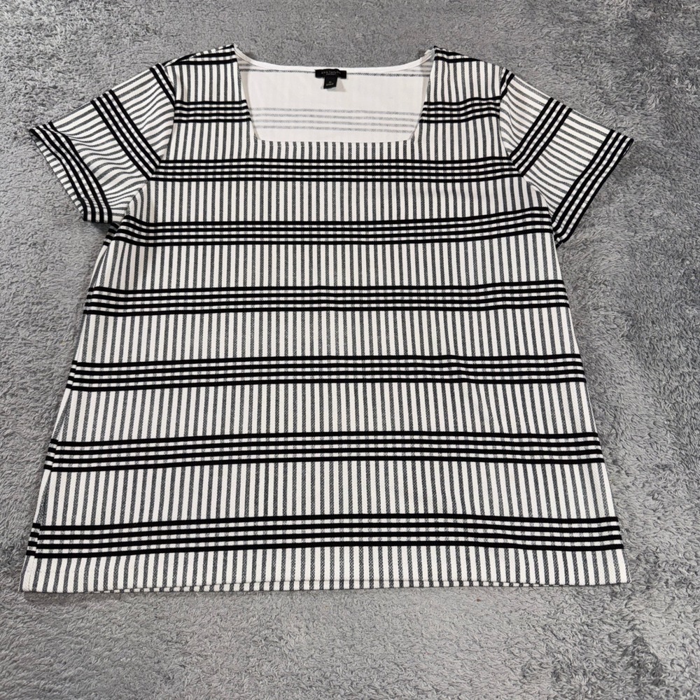 Ann Taylor Factory Women XL Striped Square Neck Top Short Sleeve Black White